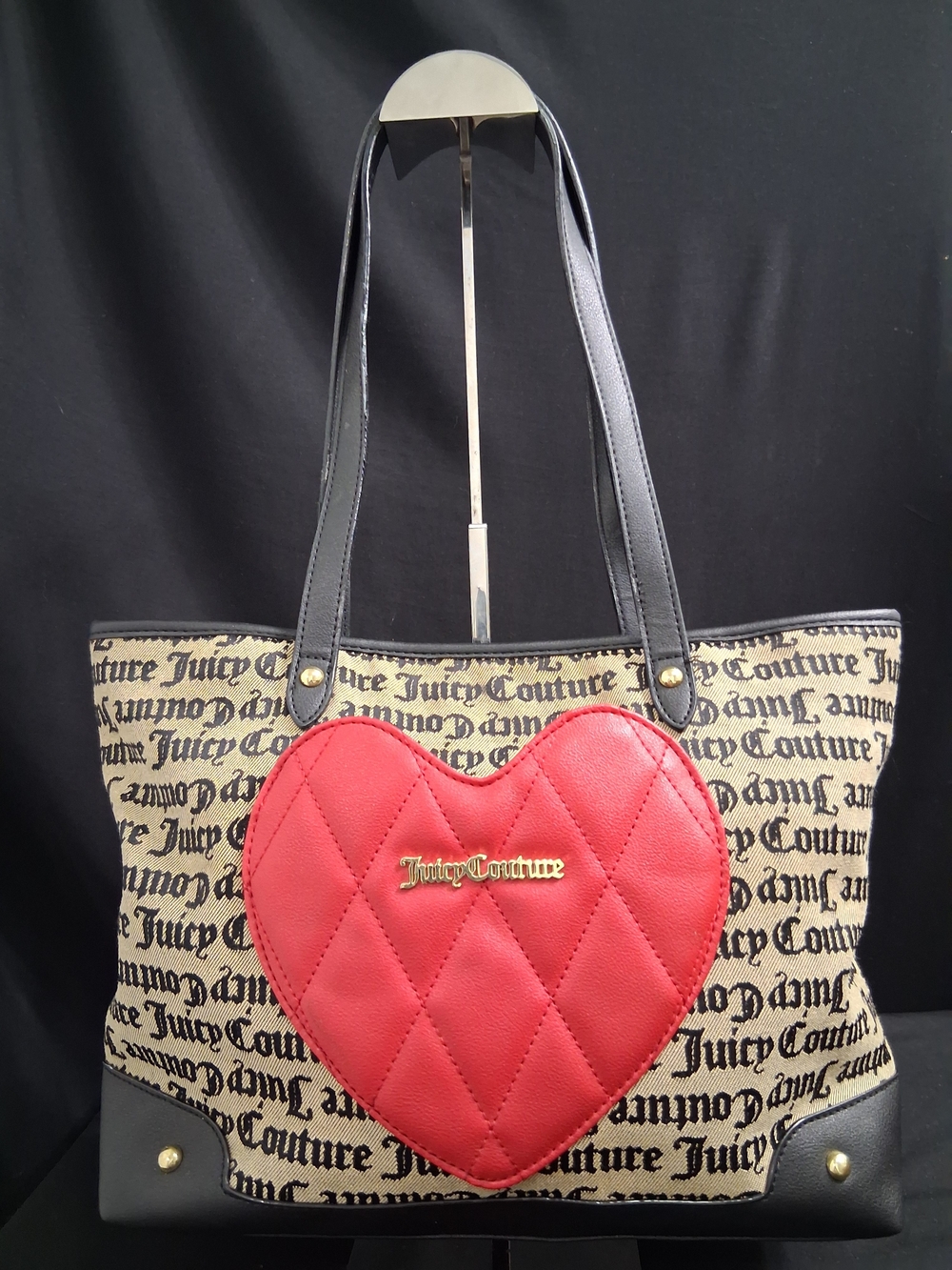 Juicy Couture Heart Breaker Tote  Light Tan & Black Canvas And Leather Handbag